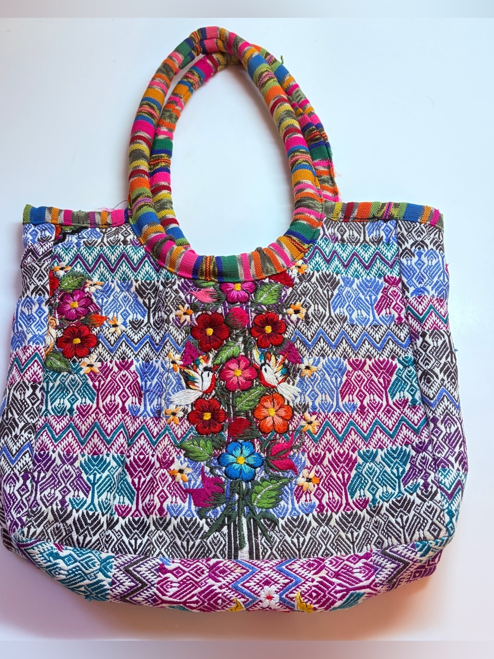 Vtg Guatemala Huipil Fabric Tote Bag Hand Embroidered Floral Boho Shoulder Purse